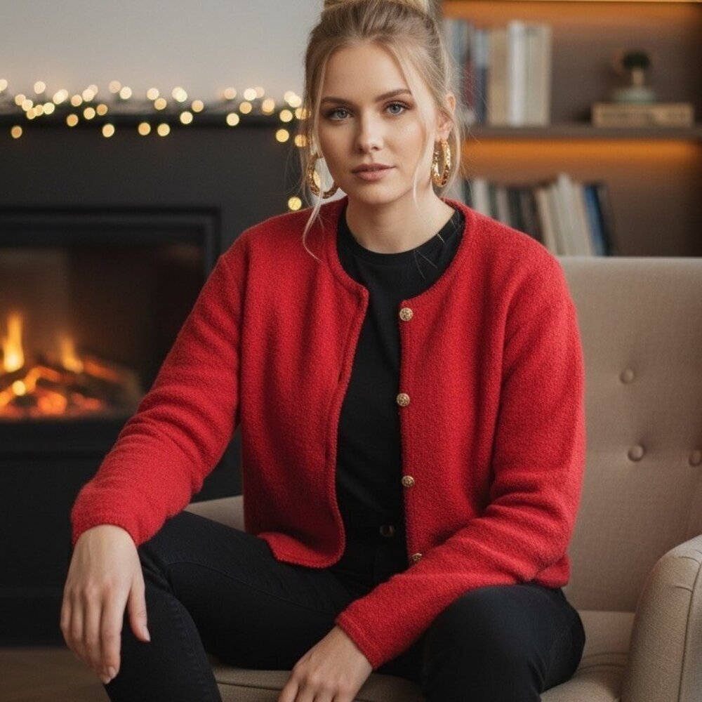 VTG Boiled Wool Christmas Red Gold Button Womens Cardigan Sweater Size Medium